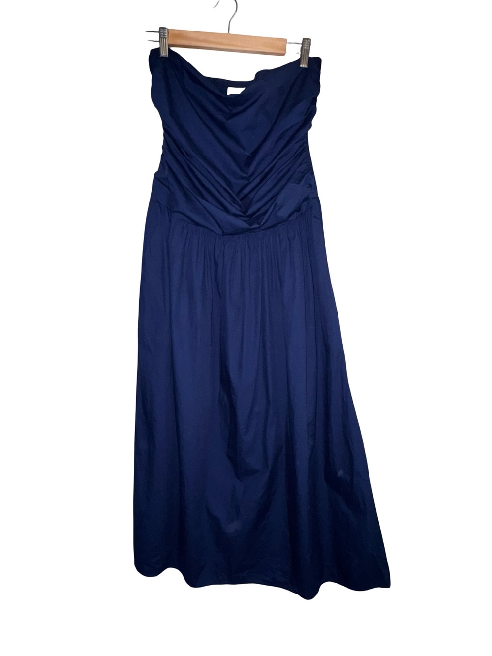 Band of the Free Dress Sz L Strapless Navy Blue Cotton Midi Ruched Smocked Boho - Picture 2 of 5